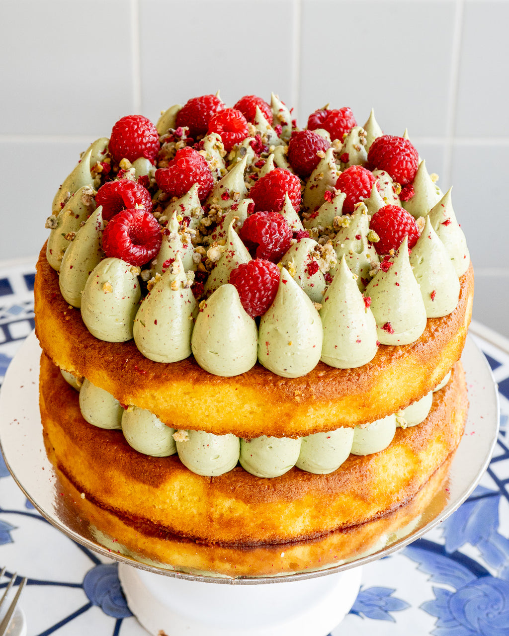 Orange Almond Cake, Pistachio Buttercream & Raspberries GF
